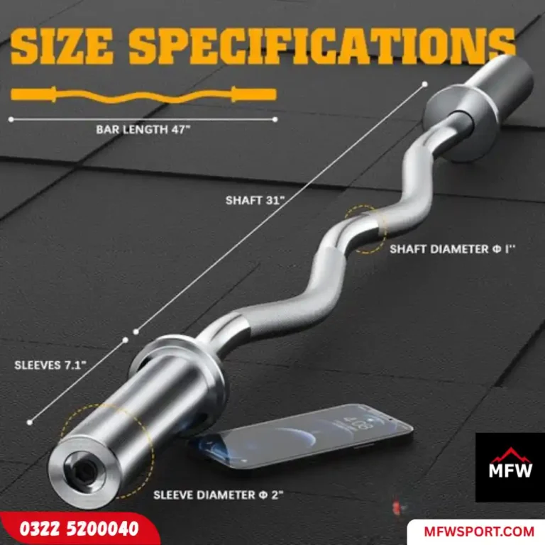 Commercial Olympic EZ curl bar for 2-inch plates, designed for biceps curls, triceps exercises, hip thrusts, and squats.