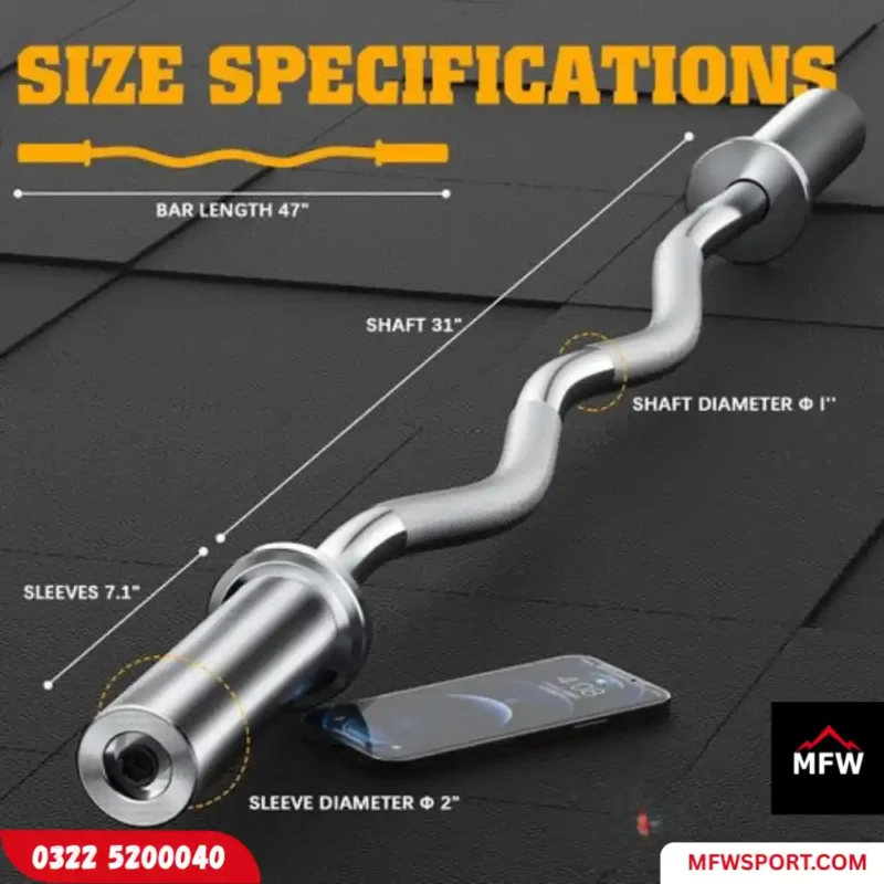 Commercial Olympic EZ curl bar for 2-inch plates, designed for biceps curls, triceps exercises, hip thrusts, and squats.