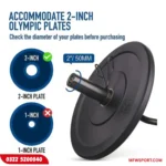 Commercial Olympic EZ curl bar for 2-inch plates, designed for biceps curls, triceps exercises, hip thrusts, and squats.